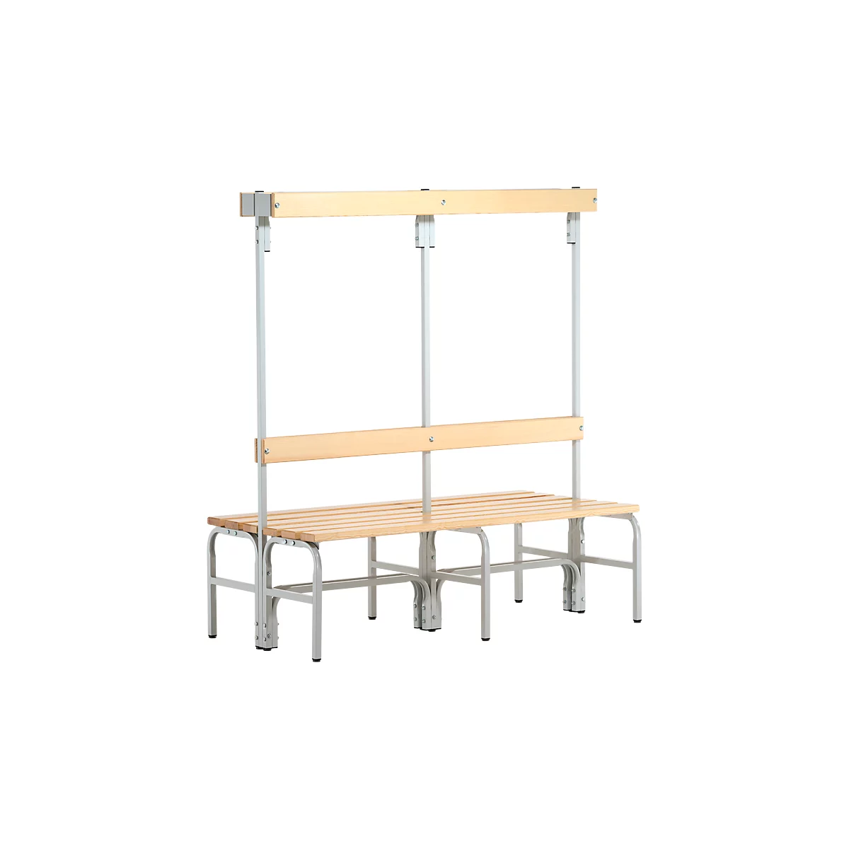 Banc de vestiaires, fils en acier/bois, double, avec portemanteaux, L 1500 mm, gris clair