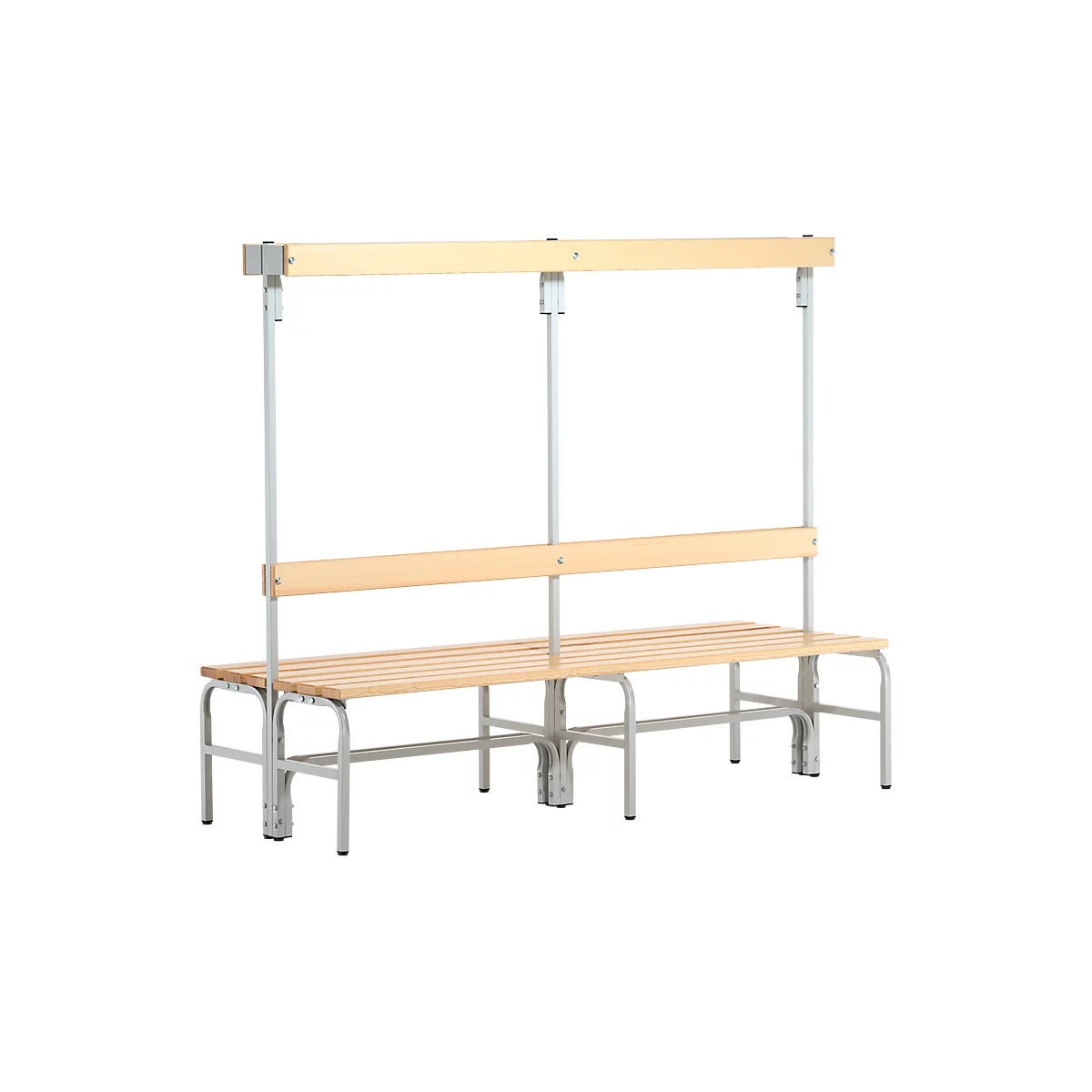 Banc de vestiaires, fils en acier/bois, double, avec portemanteaux, L 2000 mm, gris clair