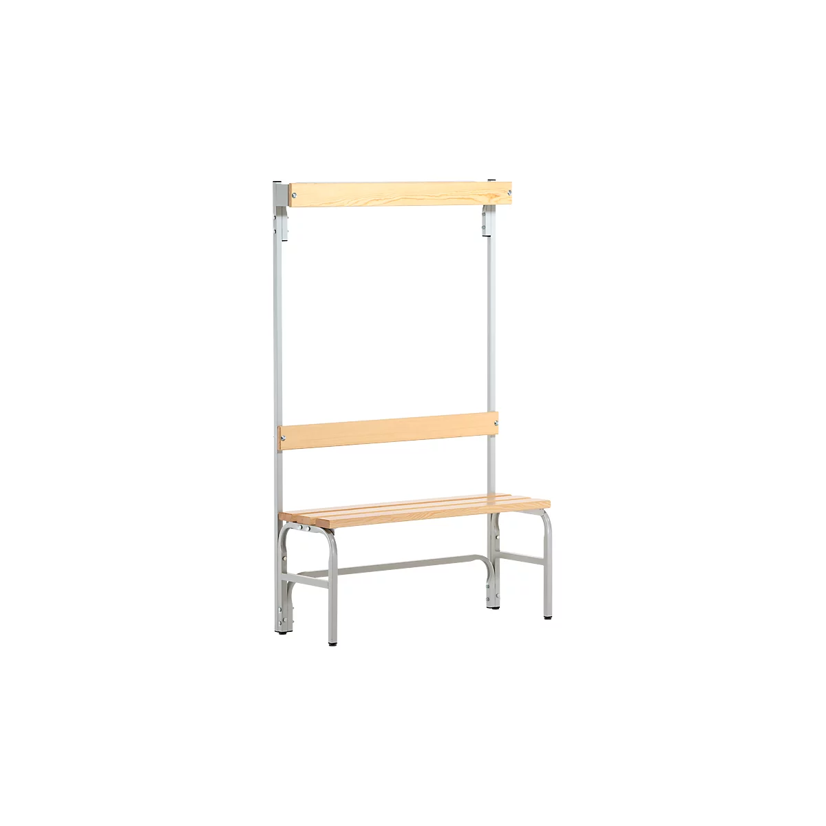 Banc de vestiaires, fils en acier/bois, simple, avec portemanteaux, L 1015 mm, gris clair