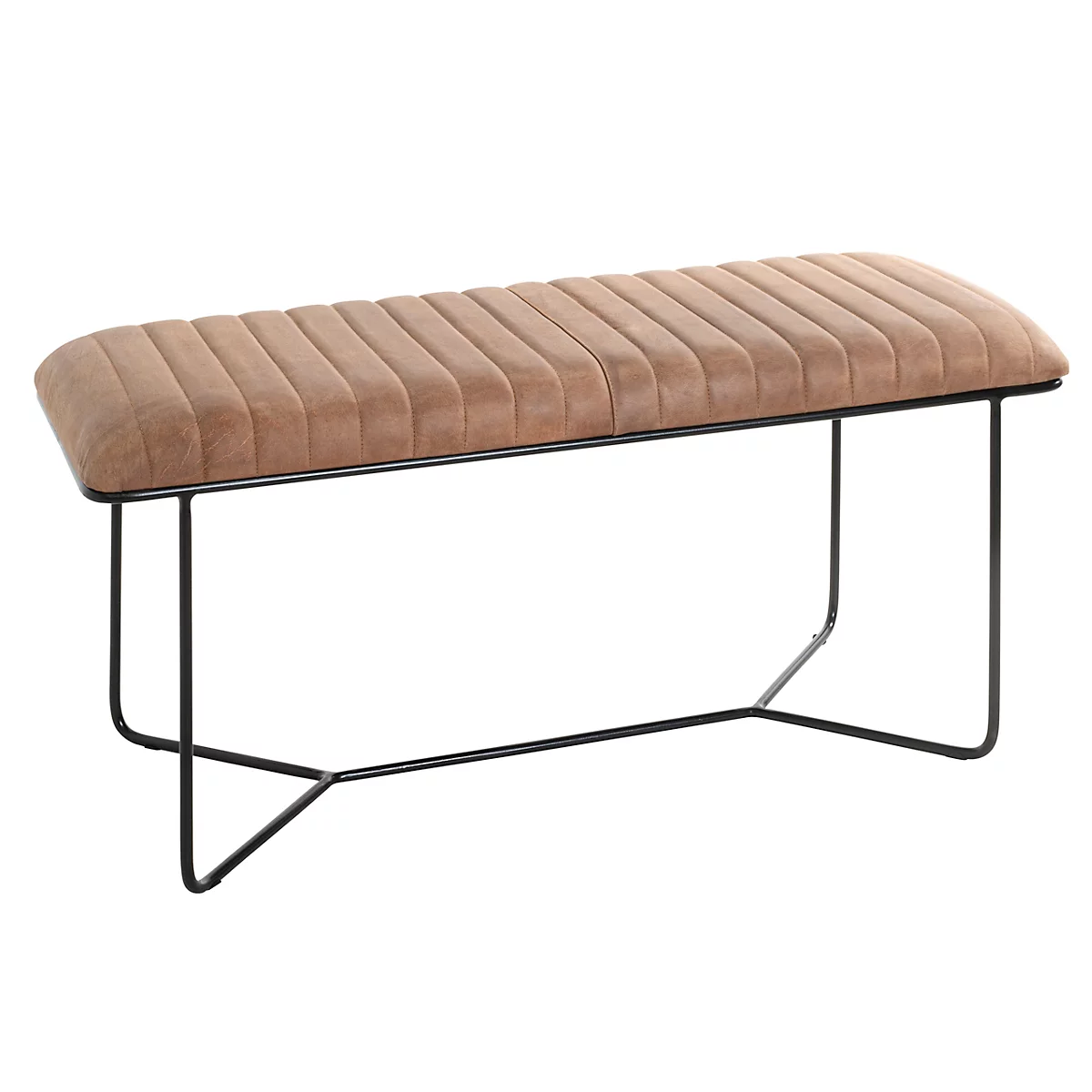 Un banc avec une assise marron côtelée et un cadre en métal noir.