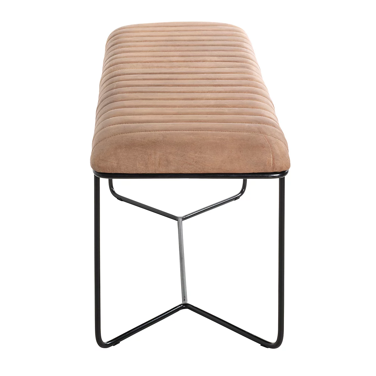 Gros plan d'une assise marron avec des coutures verticales. En dessous, un cadre en métal noir.