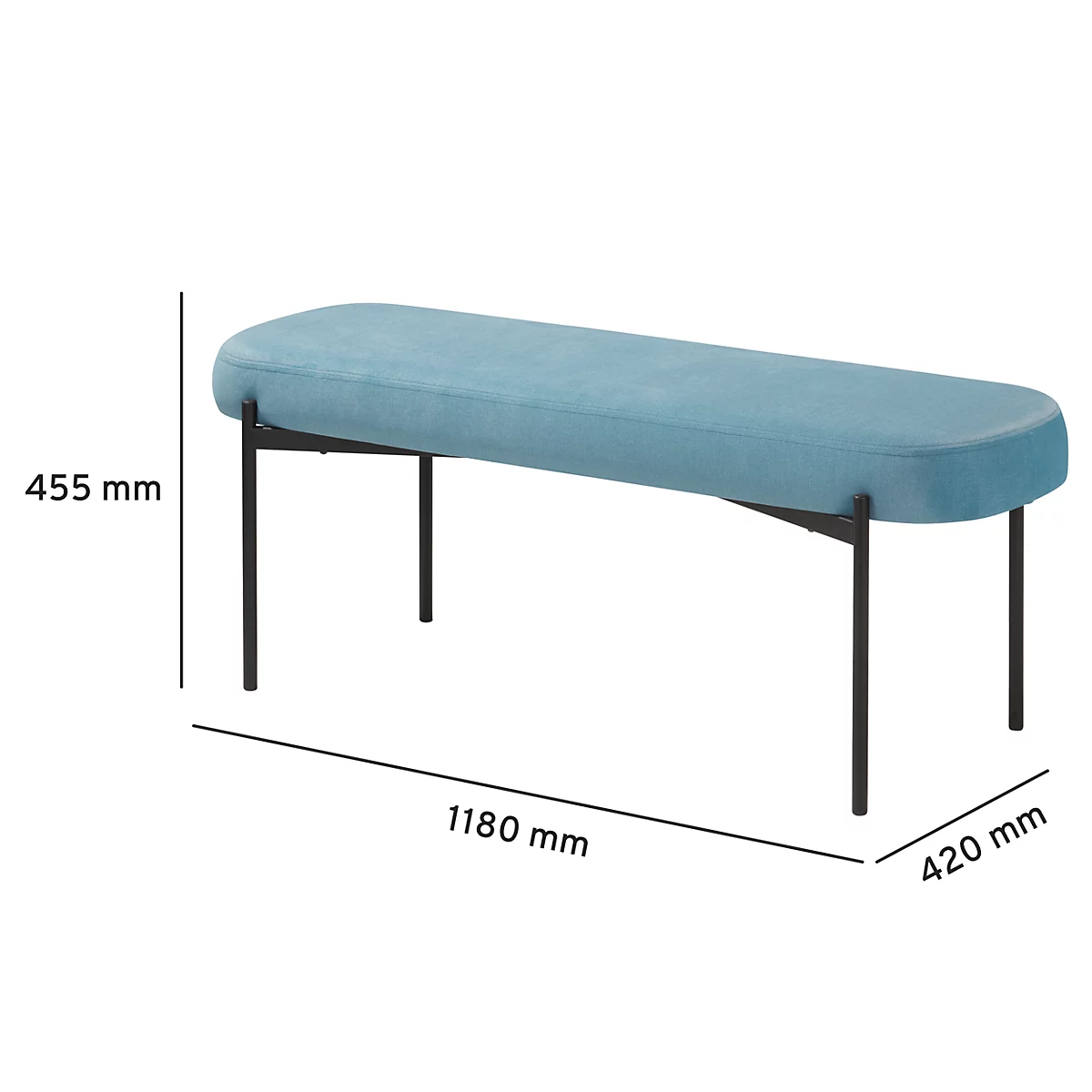 Banc meet® by Paperflow GAIA, ovale L, revêtement tissu bleu, piètement 4 pieds noir mat, L 1180 x P 420 x H 455 mm
