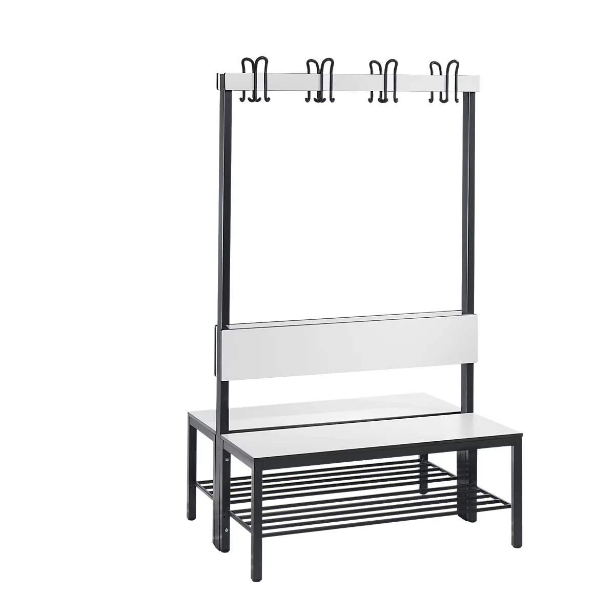 Banc vestiaire Basic Plus, 2 côtés, dossier, avec porte-chaussures, cadre de base gris-noir RAL 7021, L 1000 mm, décor blanc