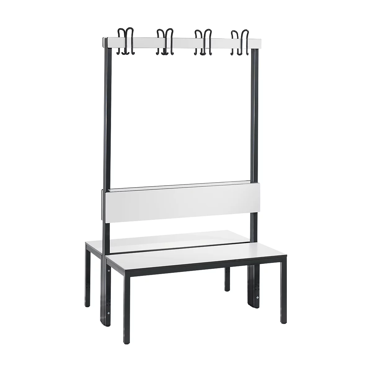 Banc vestiaire Basic Plus, 2 côtés, dossier, sans porte-chaussures, piètement gris-noir RAL 7021, L 1000 mm, décor blanc