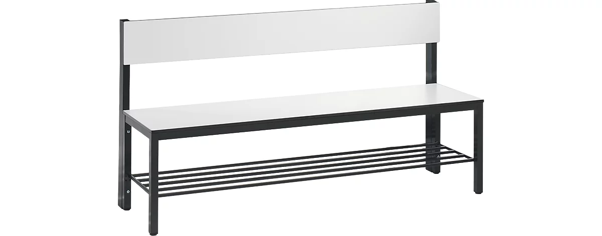 Banco Basic Plus, de 1 cara, con respaldo, con zapatero, base de 4 patas color negro-gris RAL 7021, ancho 1500 mm, decoración blanca
