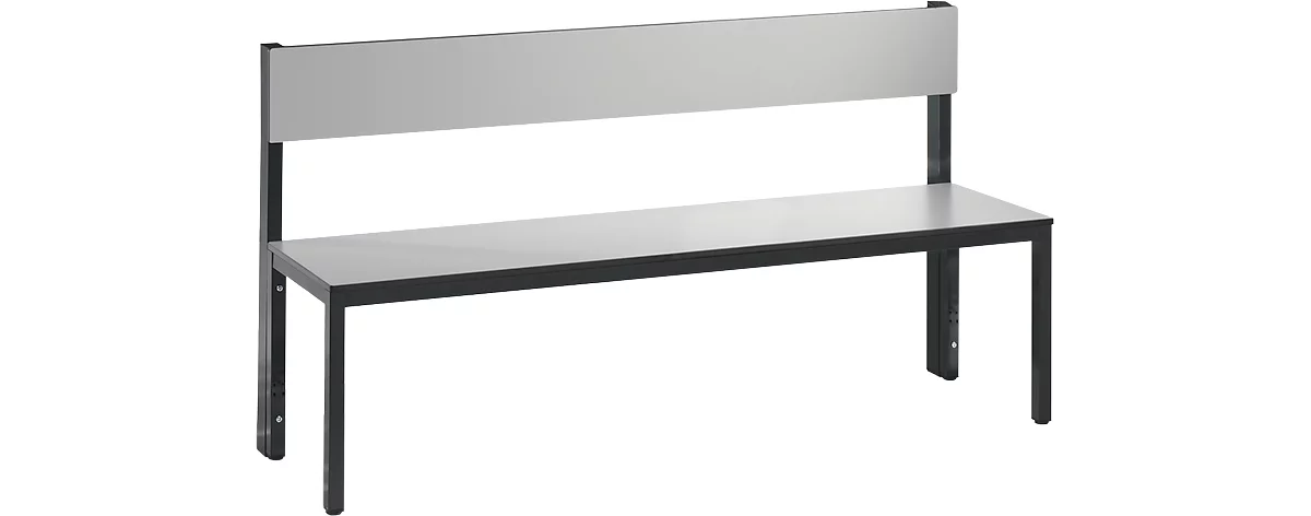 Banco Basic Plus, de 1 cara, con respaldo, sin zapatero, base de 4 patas color negro-gris RAL 7021, ancho 1500 mm, decoración color gris plata