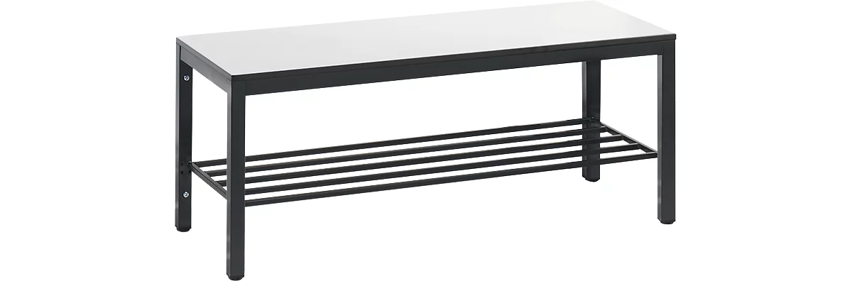 Banco cambiador Basic Plus, para zonas húmedas, sin respaldo, bastidor de 4 patas negro-gris RAL 7021, con zapatero, ancho 1000 mm, decoración blanco