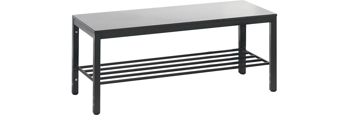 Banco cambiador Basic Plus, para zonas húmedas, sin respaldo, bastidor de 4 patas negro-gris RAL 7021, con zapatero, ancho 1000 mm, decoración gris plateado
