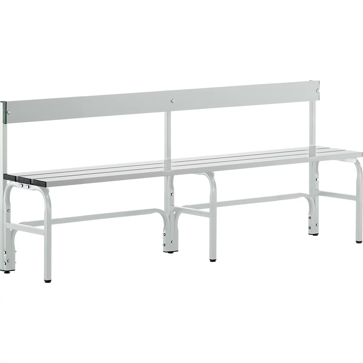 Banco metálico blanco con respaldo. Superficie de asiento horizontal, soportes verticales, para interiores.