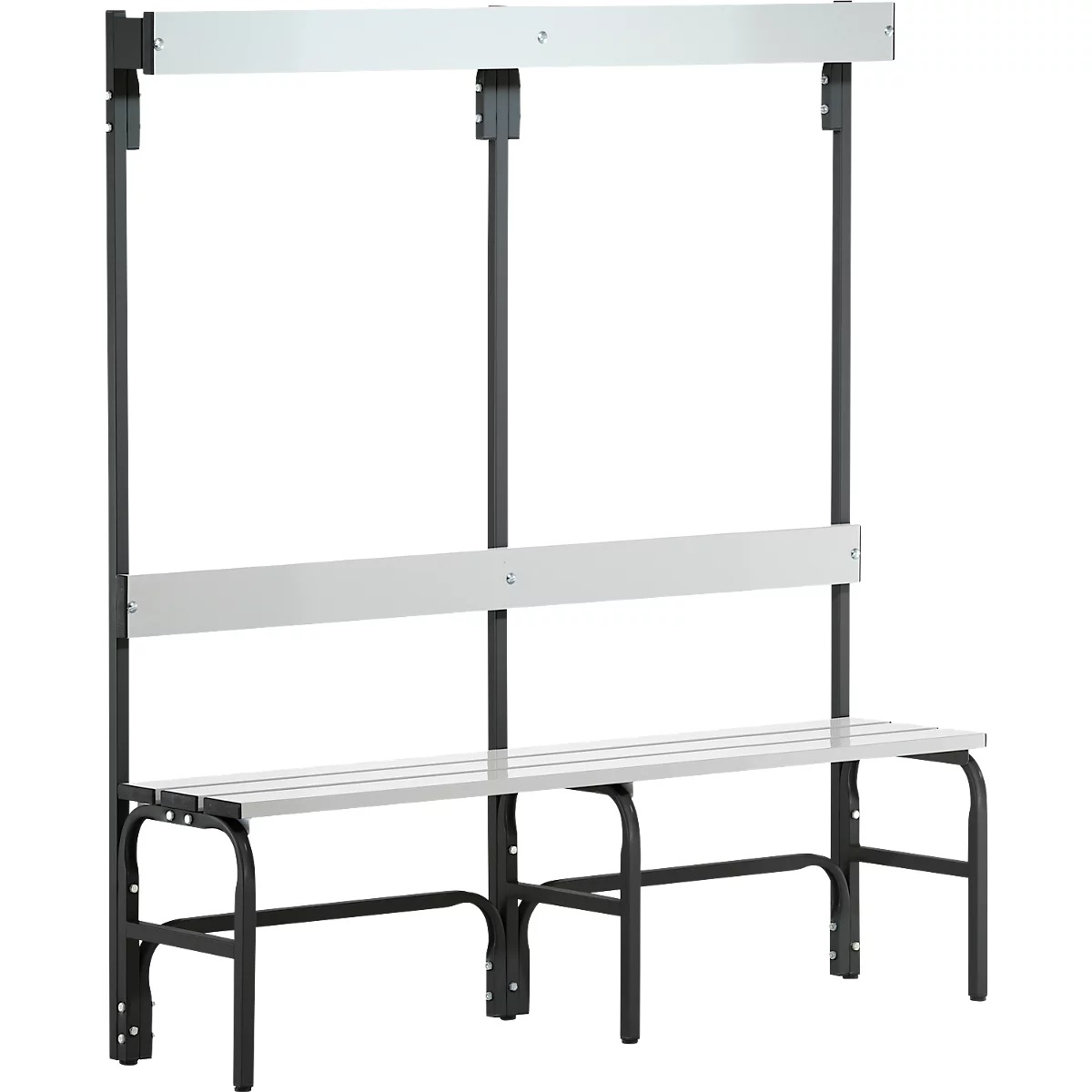 Banco blanco y negro con colgador, ideal para vestuarios, gimnasios y piscinas.