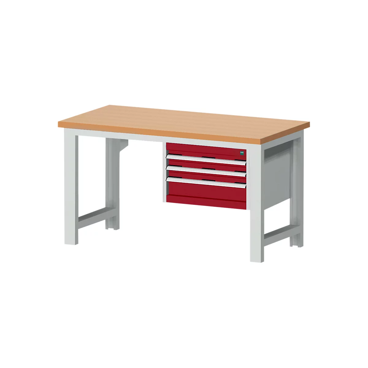 Banco de trabajo con encimera de madera, estructura metálica y cajones rojos sobre fondo blanco.