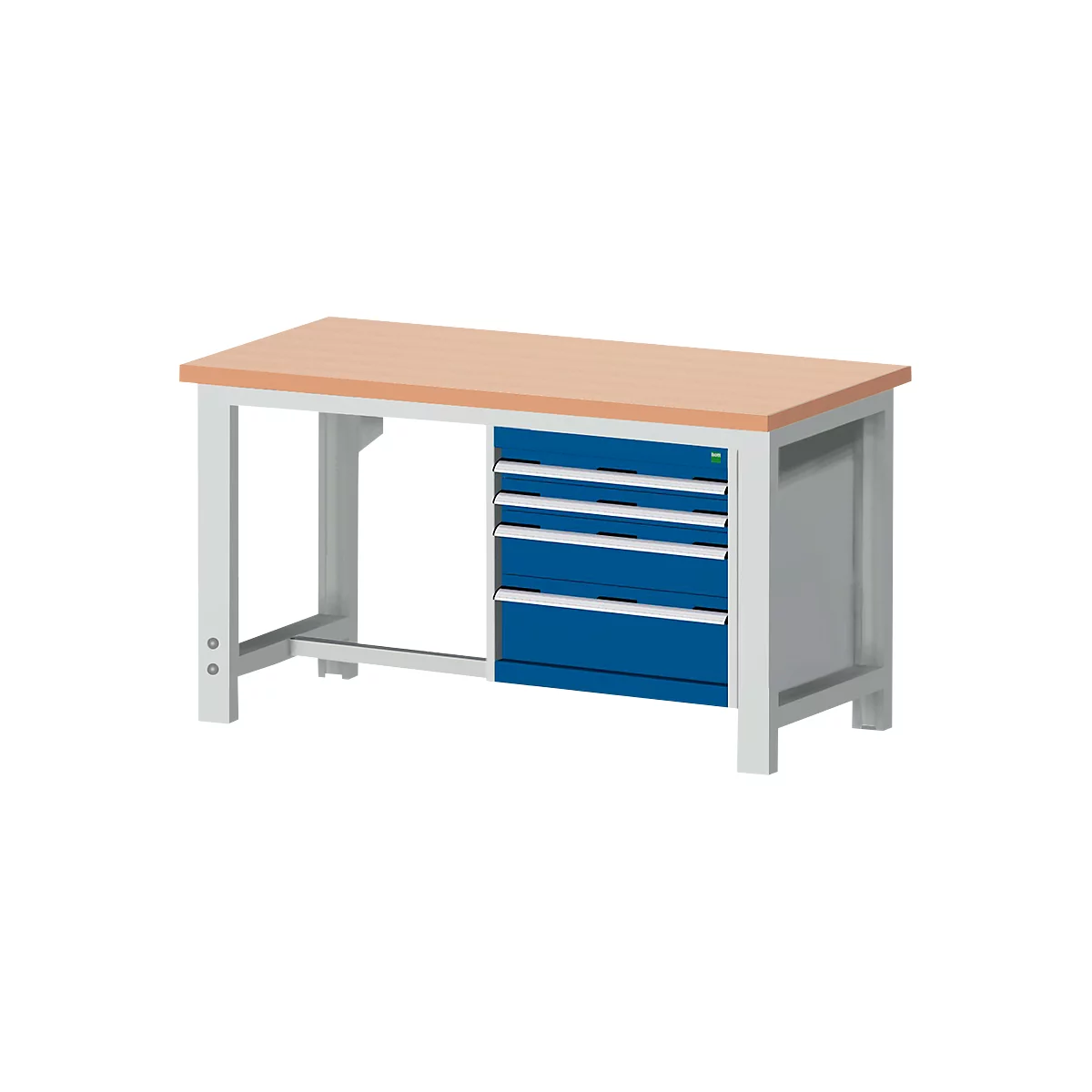 Banco de trabajo con unidad de cajones azul y tapa de madera clara.