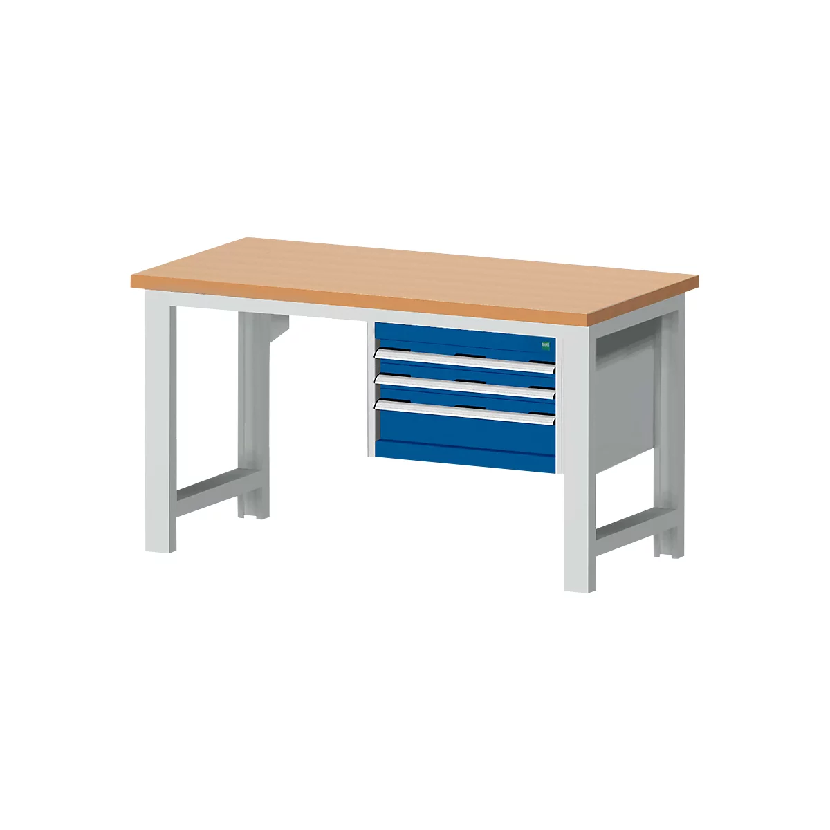 Banco de trabajo con tapa de madera, marco blanco y cajones. Los cajones son azules.