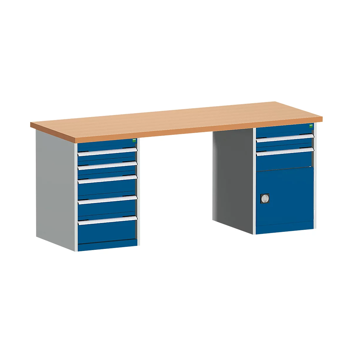 Banco de trabajo con tablero de madera, cajones azules y una puerta de armario.