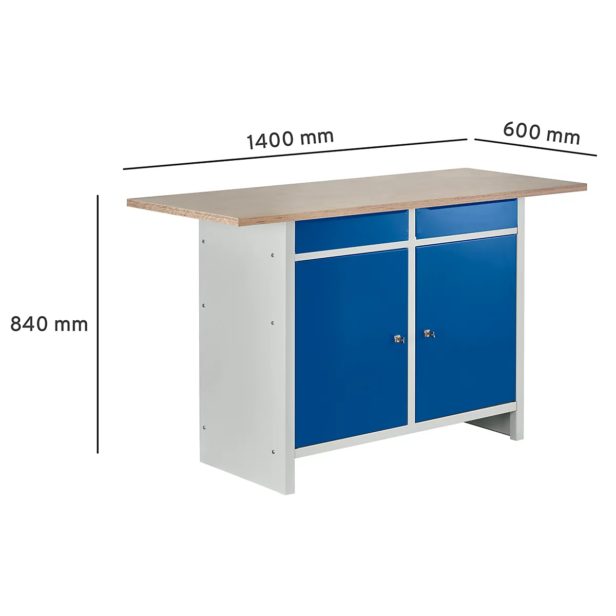 Banco de trabajo fácil con 2 cajones y 2 puertas abatibles
