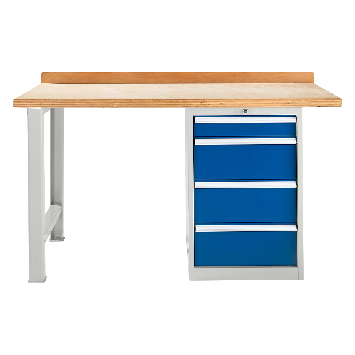 Banco de trabajo modular Schäfer Shop Select, mueble básico, tablero multiplex de haya, hasta 500 kg, An 1500 x Pr 700 x Al 840 mm, gris claro ral 7035/ azul genciana ral 5010