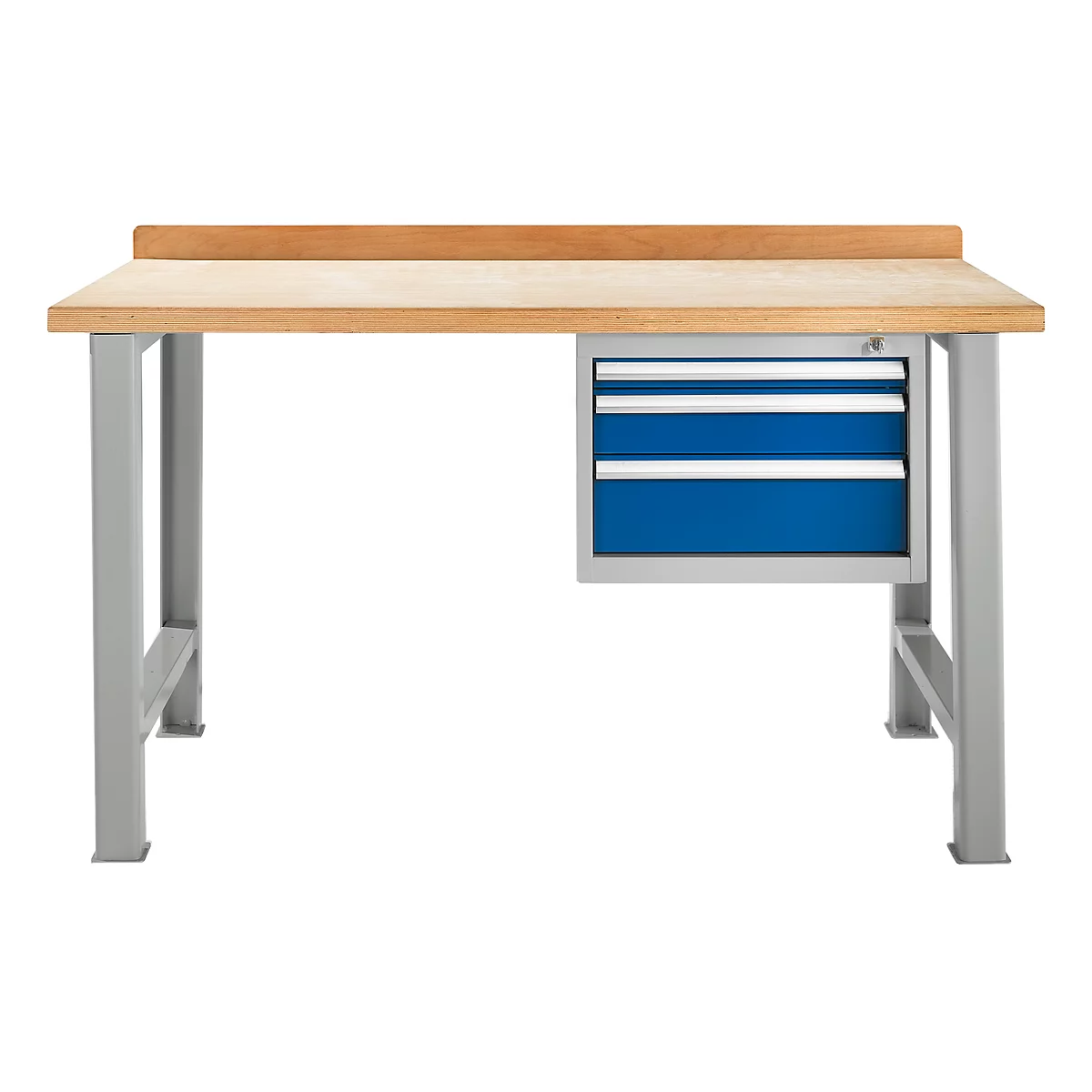 Banco de trabajo modular Schäfer Shop Select, mueble básico, tablero multiplex de haya, hasta 500 kg, An 1500 x Pr 700 x Al 840 mm, plata claro/azul genciana ral 5010