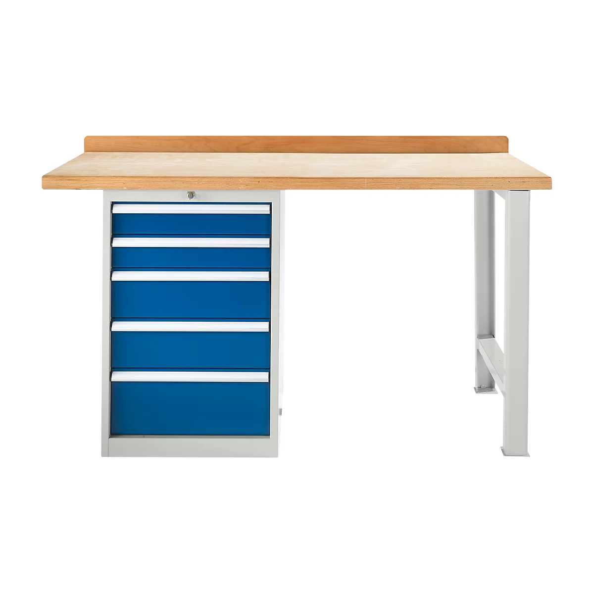 Banco de trabajo modular Schäfer Shop Select, mueble básico, tablero multiplex de haya, hasta 500 kg, An 2000 x Pr 700 x Al 840 mm, gris claro ral 7035/ azul genciana ral 5010