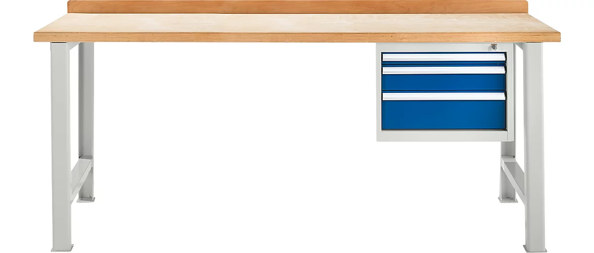 Banco de trabajo modular Schäfer Shop Select, mueble básico, tablero multiplex de haya, hasta 500 kg, An 2000 x Pr 700 x Al 840 mm, gris claro ral 7035/ azul genciana ral 5010