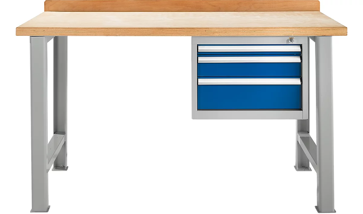 Banco de trabajo modular Schäfer Shop Select, mueble básico, tablero multiplex de haya, hasta 500 kg, An 2000 x Pr 700 x Al 840 mm, plata claro/azul genciana ral 5010