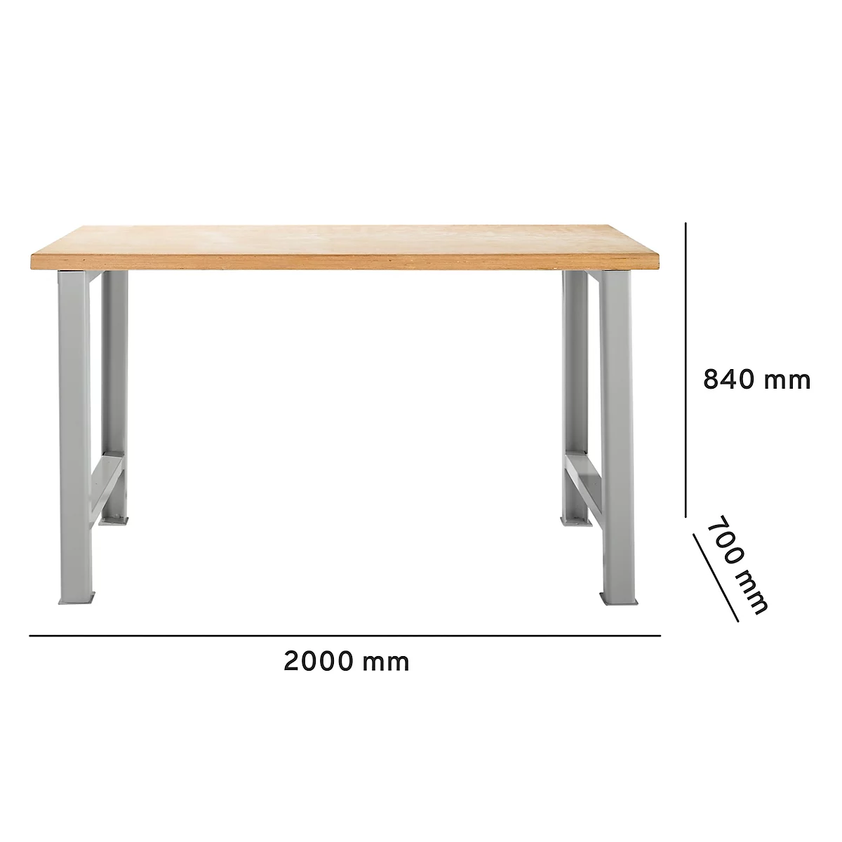 Mesa rectangular marrón claro con patas de metal gris plateado. Dimensiones: 2000 x 700 x 840 mm.