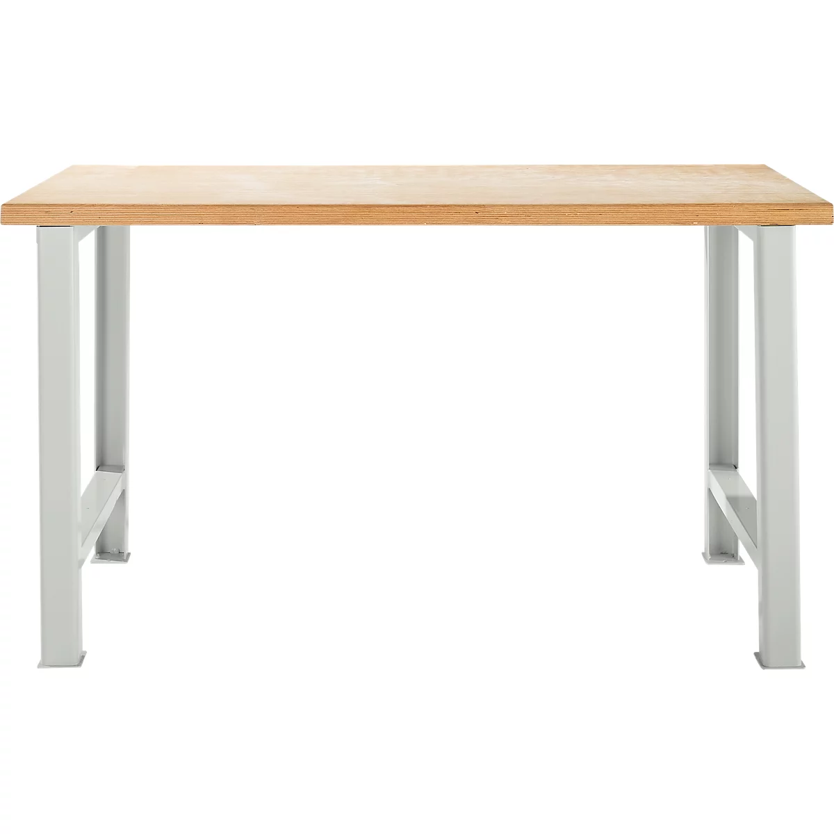 Tablero marrón claro sobre patas de metal blanco. Diseño simple, líneas limpias.