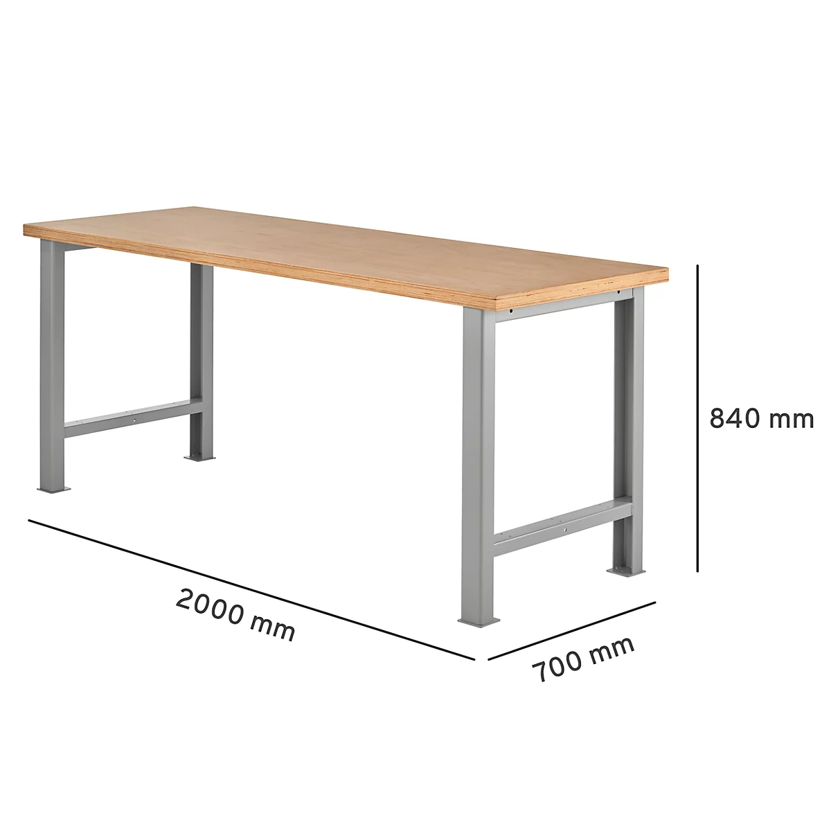 Banco de trabajo con tapa de madera clara y patas de metal gris. Dimensiones: 2000 x 700 x 840 mm.