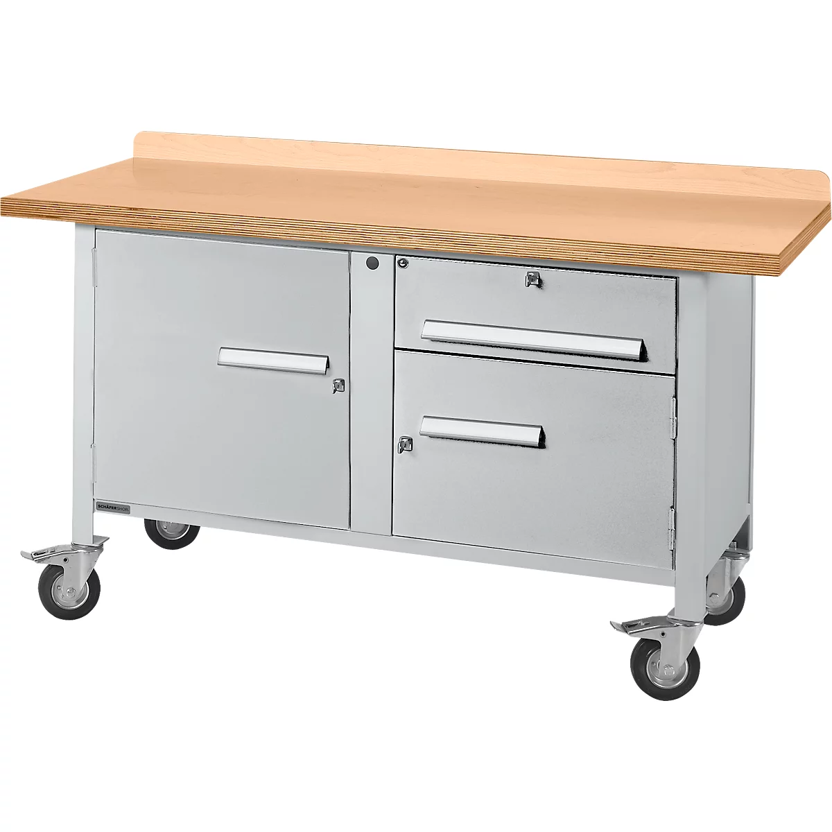 Banco de trabajo con tapa de madera marrón claro, armarios y cajones de metal gris, sobre ruedas.