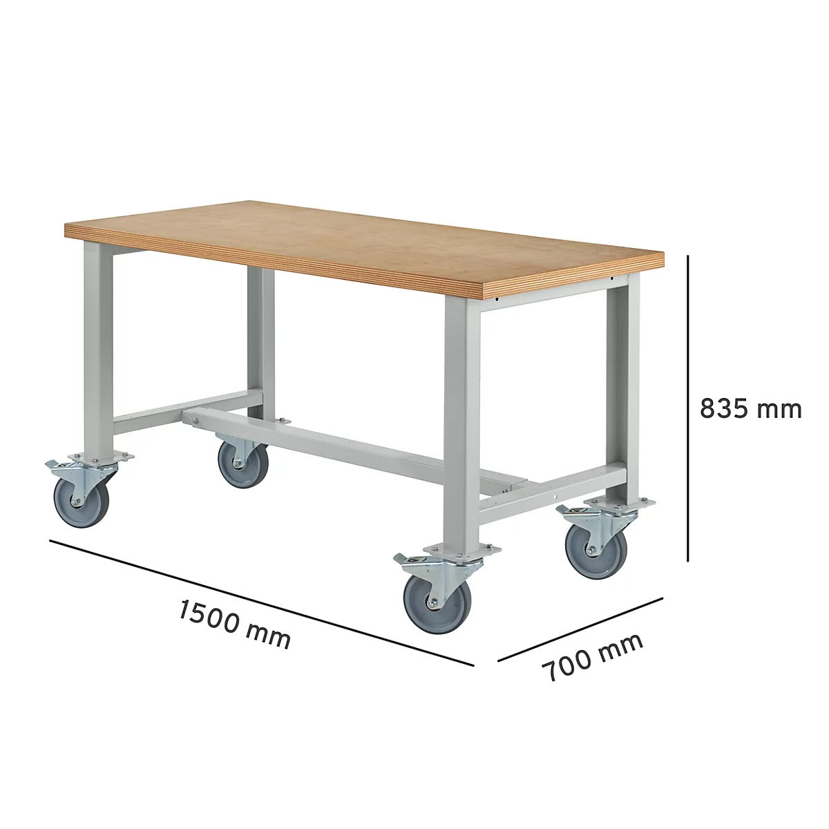 Banco de trabajo Schäfer Shop Select, móvil, ancho 1500 x fondo 700 x alto 835 mm, gris claro