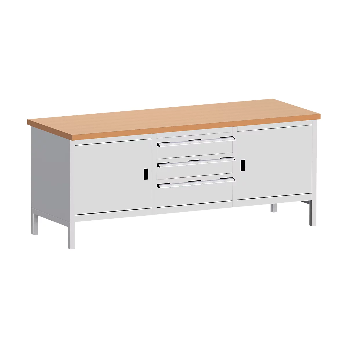 Banco de trabajo con tapa de madera clara, cuerpo blanco, cajones y puertas de armario.