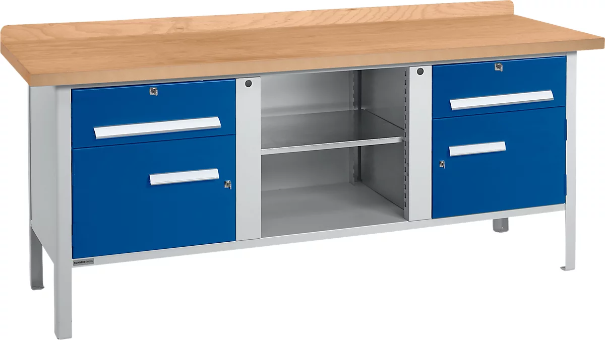 Banco de trabajo tipo caja Schäfer Shop Select PW 200-0, tablero de fibras de densidad media (MDF), hasta 750 kg, An 2000 x Pr 680 x Al 838 mm, azul genciana