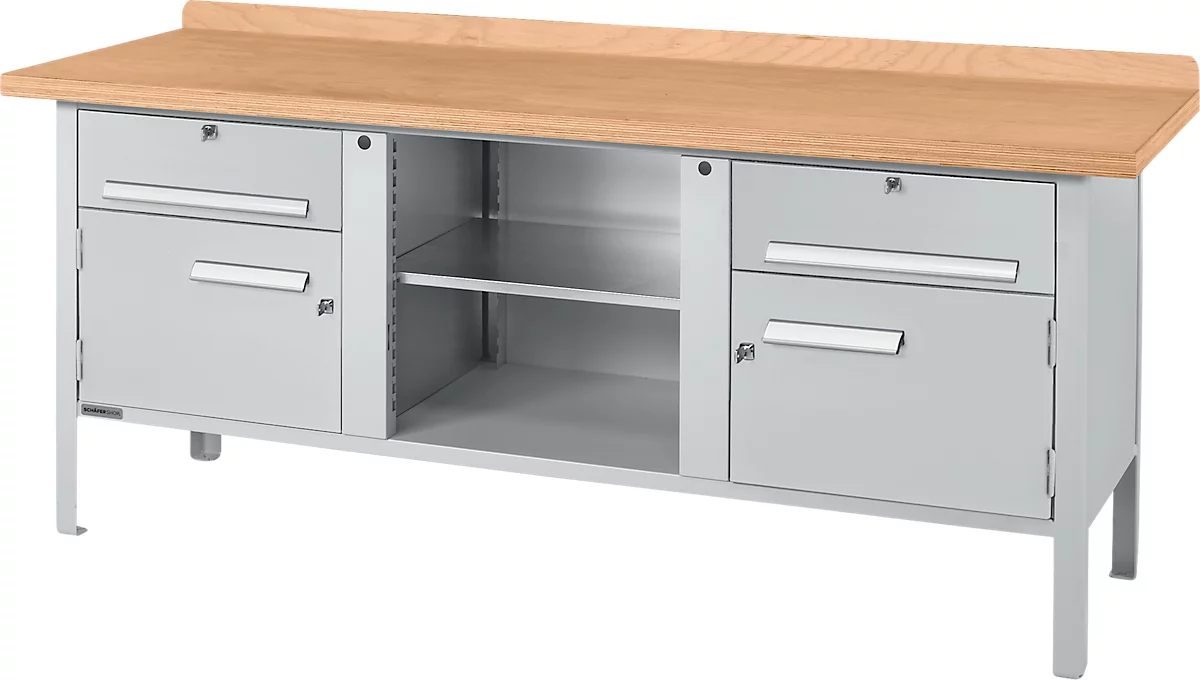 Banco de trabajo tipo caja Schäfer Shop Select PW 200-0, tablero multiplex de haya, hasta 750 kg, An 2000 x Pr 700 x Al 840 mm, aluminio blanco