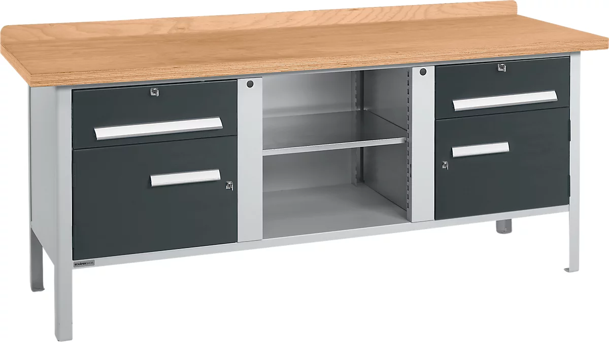 Banco de trabajo tipo caja Schäfer Shop Select PW 200-0, tablero multiplex de haya, hasta 750 kg, An 2000 x Pr 700 x Al 840 mm, antracita