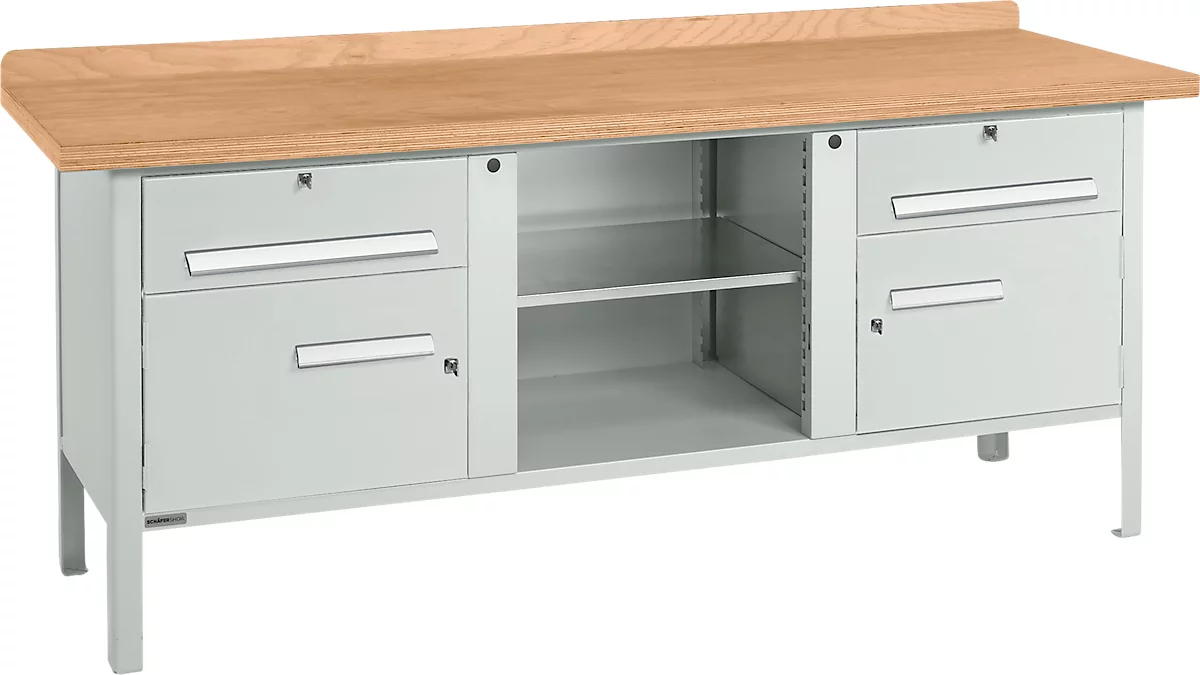 Banco de trabajo tipo caja Schäfer Shop Select PW 200-0, tablero multiplex de haya, hasta 750 kg, An 2000 x Pr 700 x Al 840 mm, gris claro