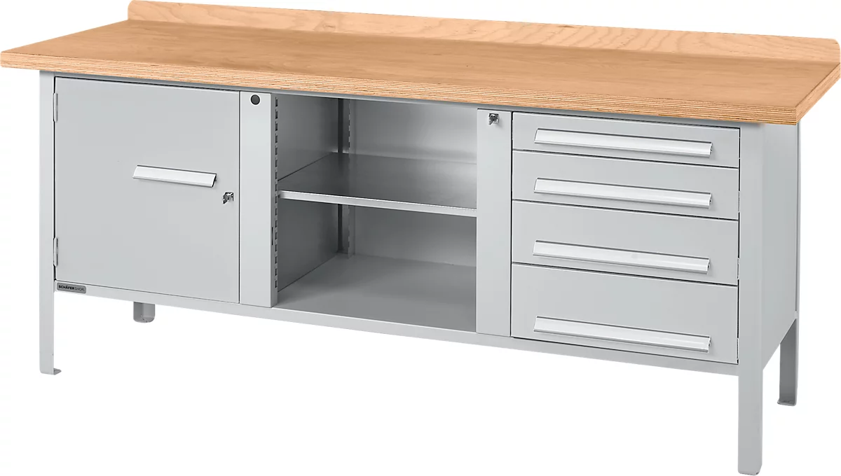Banco de trabajo tipo caja Schäfer Shop Select PW 200-1, tablero multiplex de haya, hasta 750 kg, An 2000 x Pr 700 x Al 840 mm, aluminio blanco
