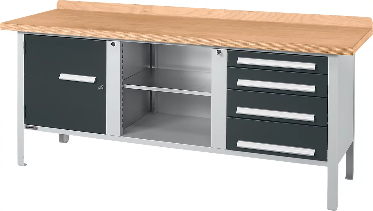 Banco de trabajo tipo caja Schäfer Shop Select PW 200-1, tablero multiplex de haya, hasta 750 kg, An 2000 x Pr 700 x Al 840 mm, antracita