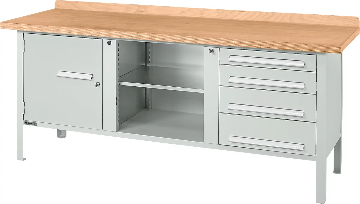 Banco de trabajo tipo caja Schäfer Shop Select PW 200-1, tablero multiplex de haya, hasta 750 kg, An 2000 x Pr 700 x Al 840 mm, gris claro