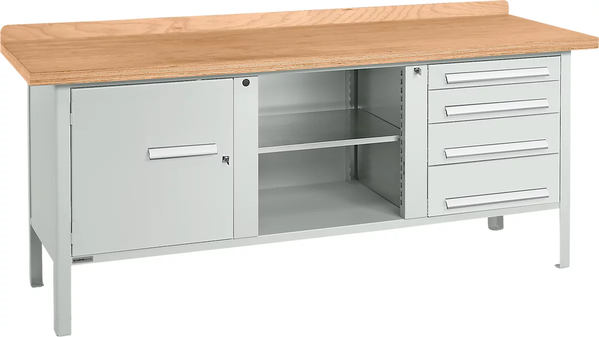 Banco de trabajo tipo caja Schäfer Shop Select PW 200-1, tablero multiplex de haya, hasta 750 kg, An 2000 x Pr 700 x Al 840 mm, gris claro