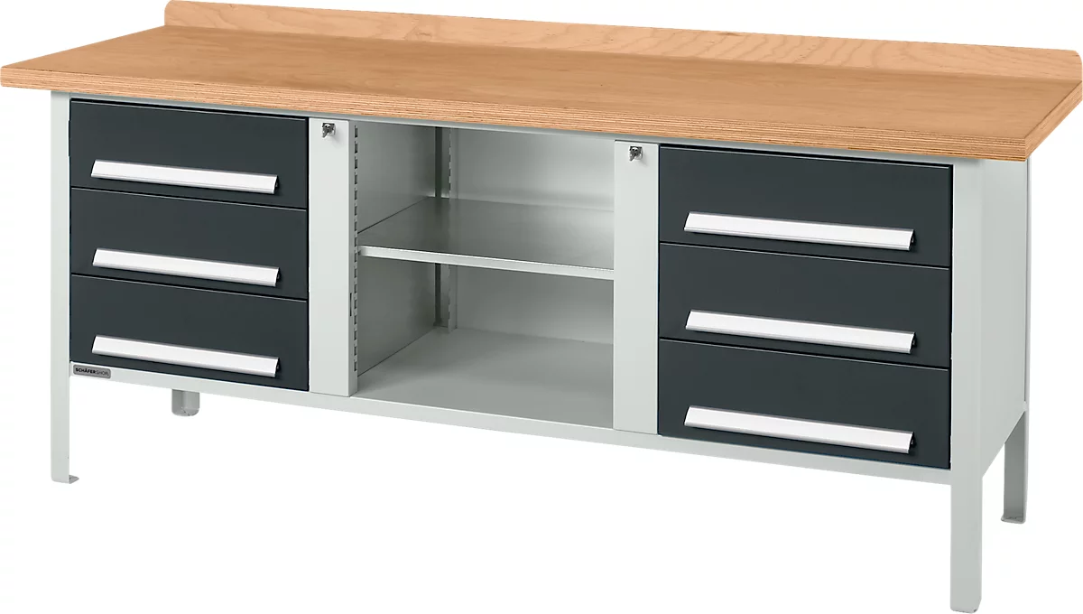 Banco de trabajo tipo caja Schäfer Shop Select PW 200-2, tablero multiplex de haya, hasta 750 kg, An 2000 x Pr 700 x Al 840 mm, antracita