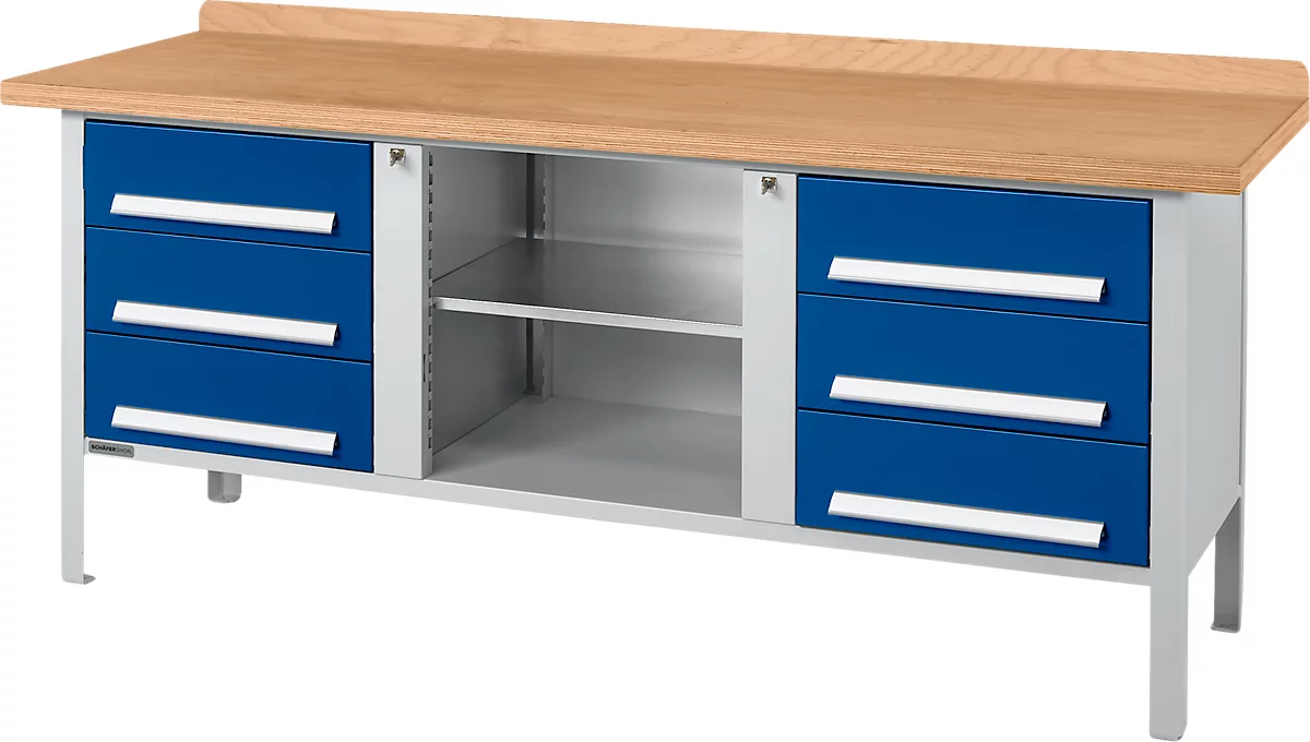 Banco de trabajo tipo caja Schäfer Shop Select PW 200-2, tablero multiplex de haya, hasta 750 kg, An 2000 x Pr 700 x Al 840 mm, azul genciana