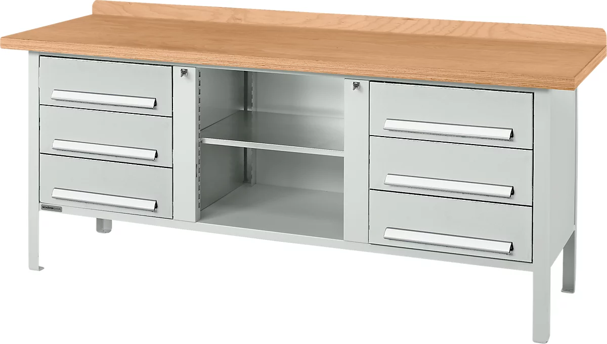 Banco de trabajo tipo caja Schäfer Shop Select PW 200-2, tablero multiplex de haya, hasta 750 kg, An 2000 x Pr 700 x Al 840 mm, gris claro