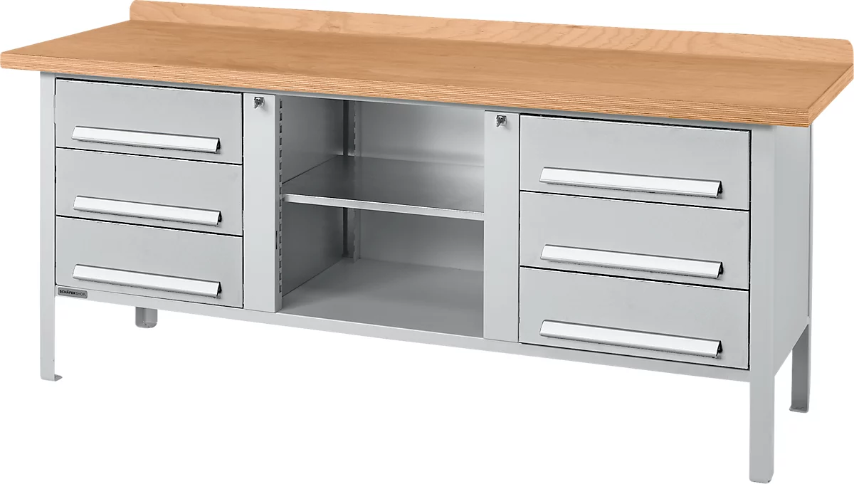 Banco de trabajo tipo caja Schäfer Shop Select PW 200-2, tablero multiplex de haya, hasta 750 kg, ancho 2000 x fondo 700 x alto 840 mm, aluminio blanco