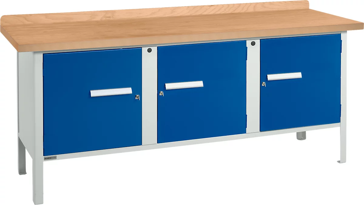 Banco de trabajo tipo caja Schäfer Shop Select PW 200-3, tablero de fibras de densidad media (MDF), hasta 750 kg, An 2000 x Pr 680 x Al 838 mm, azul genciana