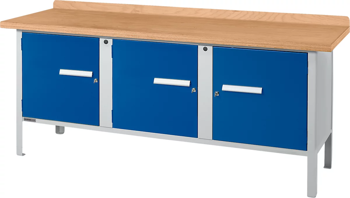 Banco de trabajo tipo caja Schäfer Shop Select PW 200-3, tablero multiplex de haya, hasta 750 kg, An 2000 x Pr 700 x Al 840 mm, azul genciana