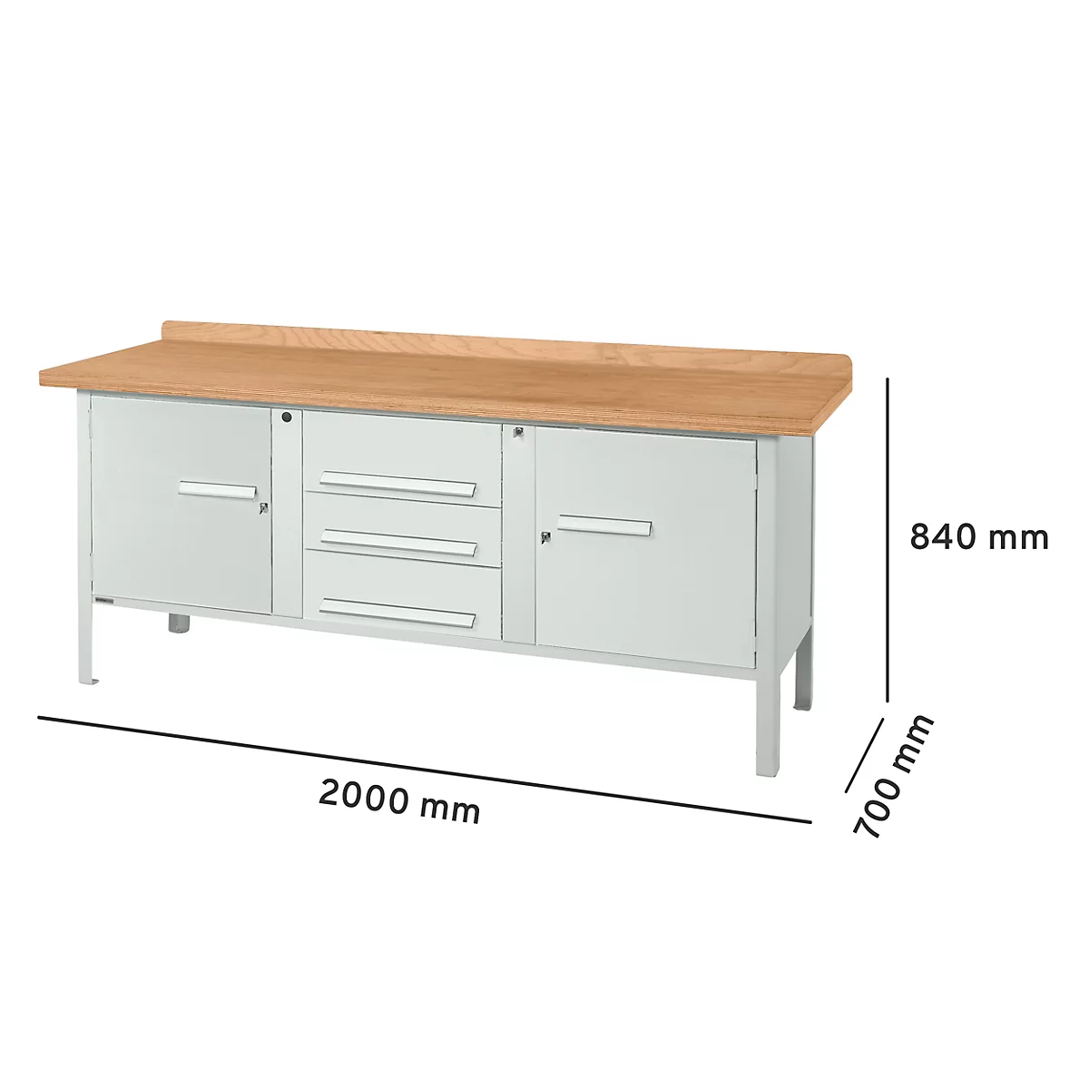 Banco de trabajo con tapa de madera, puertas de armario y cajones de color gris claro. Dimensiones: 2000 x 700 x 840 mm.