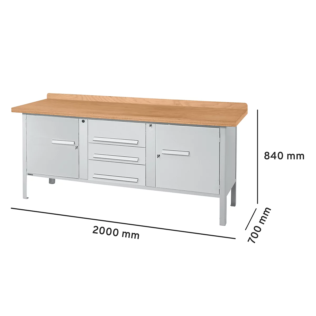 Banco de trabajo con tapa de madera, puertas de armario y cajones de color gris claro. Dimensiones: 2000 x 700 x 840 mm.