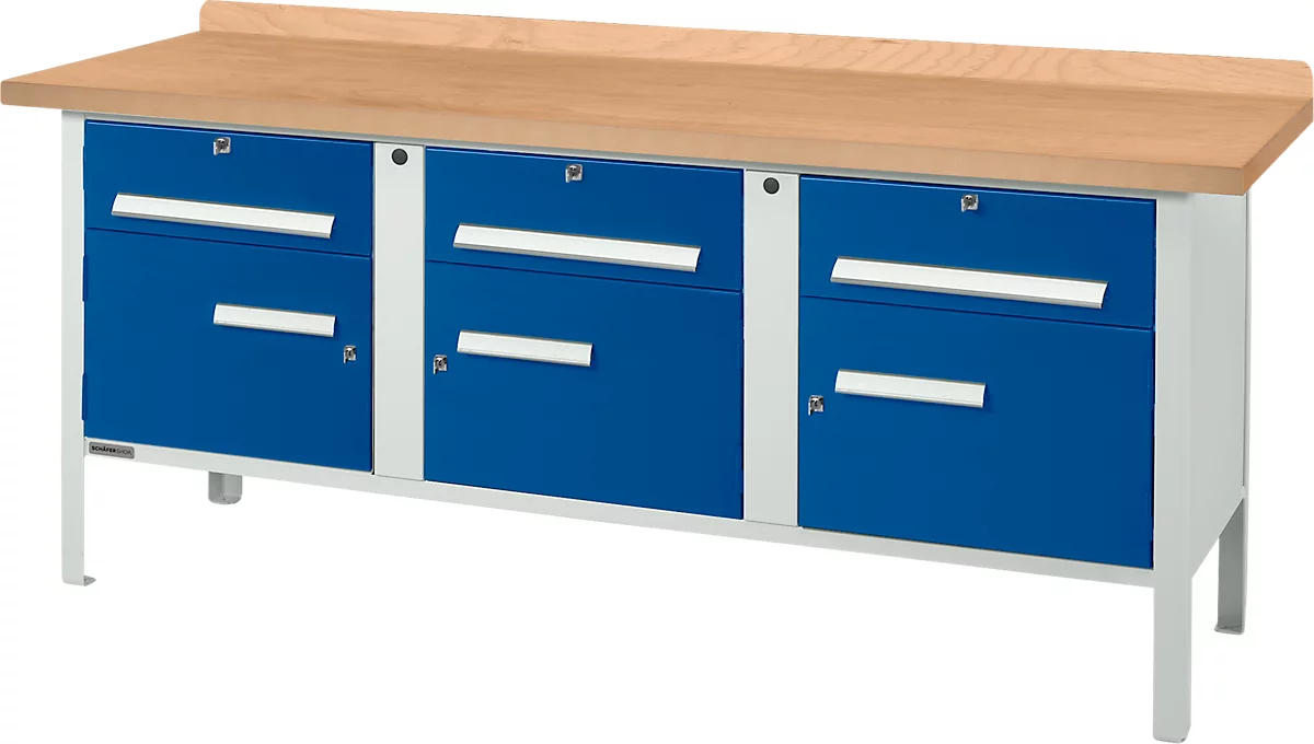 Banco de trabajo tipo caja Schäfer Shop Select PW 200-5, tablero de fibra de densidad media (MDF), hasta 750 kg, An 2000 x Pr 680 x Al 838 mm, azul genciana