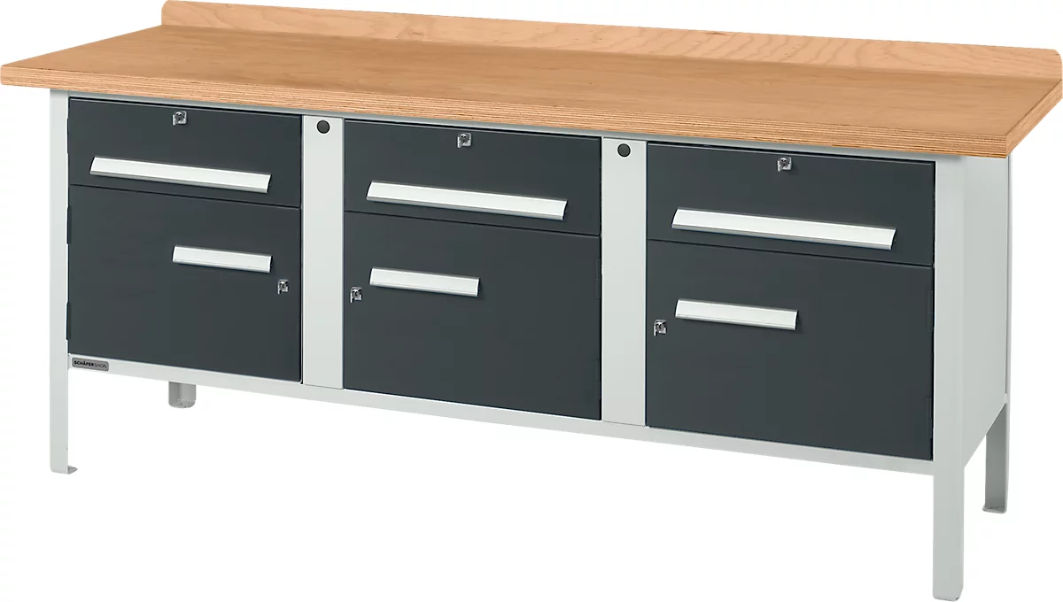 Banco de trabajo tipo caja Schäfer Shop Select PW 200-5, tablero multiplex de haya, hasta 750 kg, An 2000 x Pr 700 x Al 840 mm, antracita