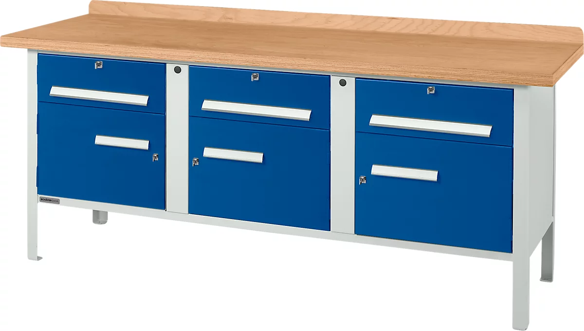 Banco de trabajo tipo caja Schäfer Shop Select PW 200-5, tablero multiplex de haya, hasta 750 kg, An 2000 x Pr 700 x Al 840 mm, azul genciana