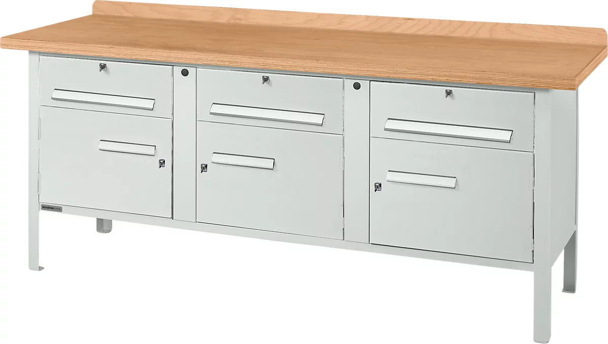 Banco de trabajo tipo caja Schäfer Shop Select PW 200-5, tablero multiplex de haya, hasta 750 kg, An 2000 x Pr 700 x Al 840 mm, gris claro